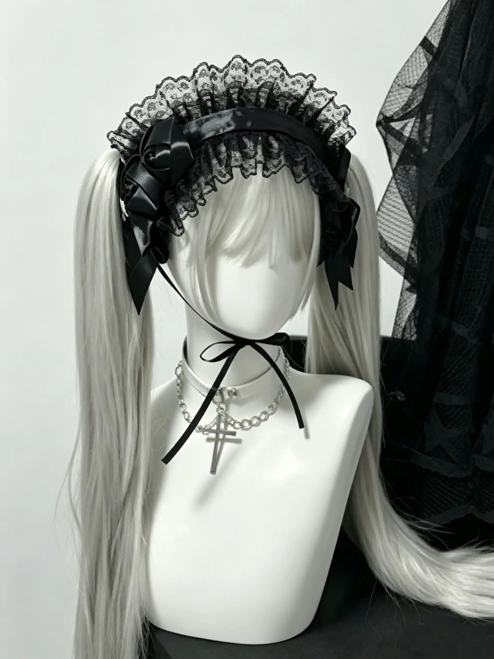 Gothic Lace Bowler Headband, Ruffled Satin Dual Butterfly Knot Hair Accessory, Dark Sweet Aesthetic Cool Subculture Cosplay Hairband