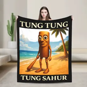 Tung Tung Tung Sahur Italian Brainrot Meme Throw Blanket Surreal Soft Flannel Bed Blanket for Summer AC Room, Personalized Style Sofa Bedspread Gift