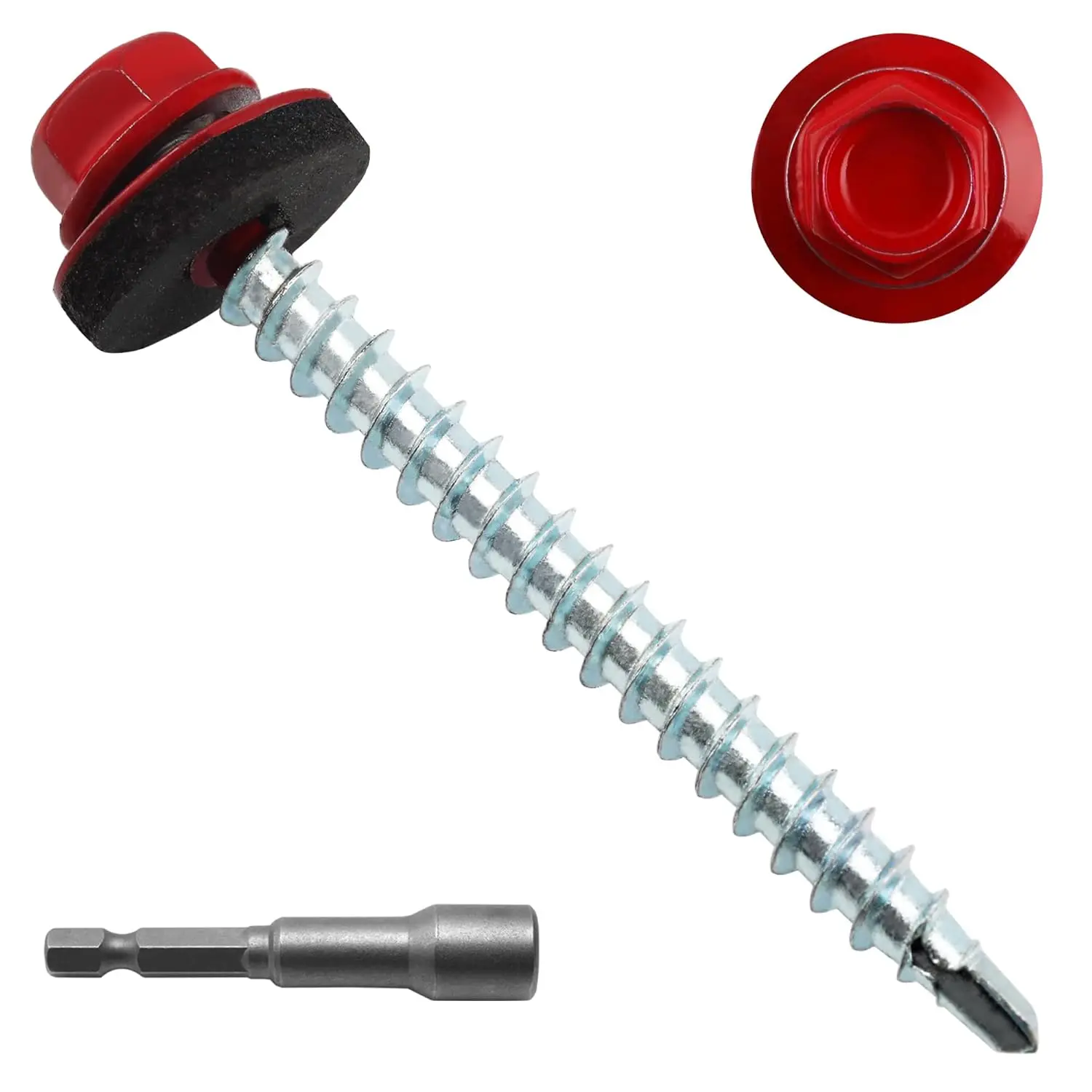 200pcs #10 x 2 Red Hex Head Self-Drilling Metal Roofing Screws, EPDM Washer, Colored Head, Wood Screws, Sheet Metal Roof Screw with Hex Driver Bit (Red, 2 in)