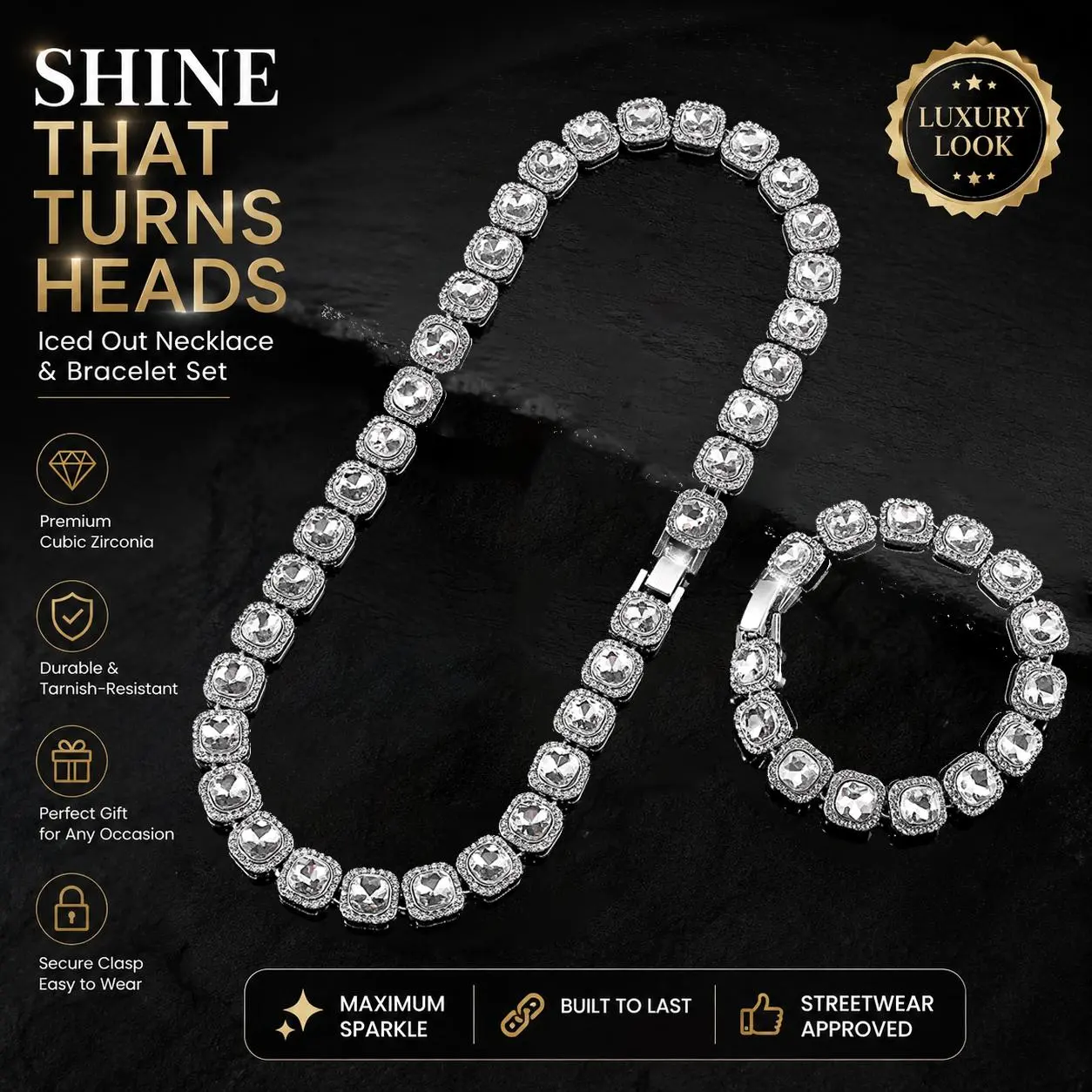 2PCS Luxurious Iced Out Tennis Necklace & Bracelet Set Inlaid Geometry Square Baguette Cubic Zirconia Clustered Tennis Chain Hip Hop Necklace Bracelet Party, Proms, Music Festivals, And Holiday Wear Accessories