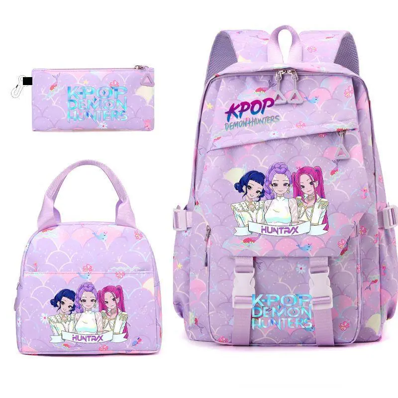 Teen Girls' 3Pcs Cute Korean Recycled Poly Set Pack - Pastel Purple Mermaid Scale Water-Resistant Large Capacity School Backpack, Insulated Lunch Bag, Matching Pencil Pouch for Campus Travel #YEY (Backpacks for School), School Backpack For Girls, Casual