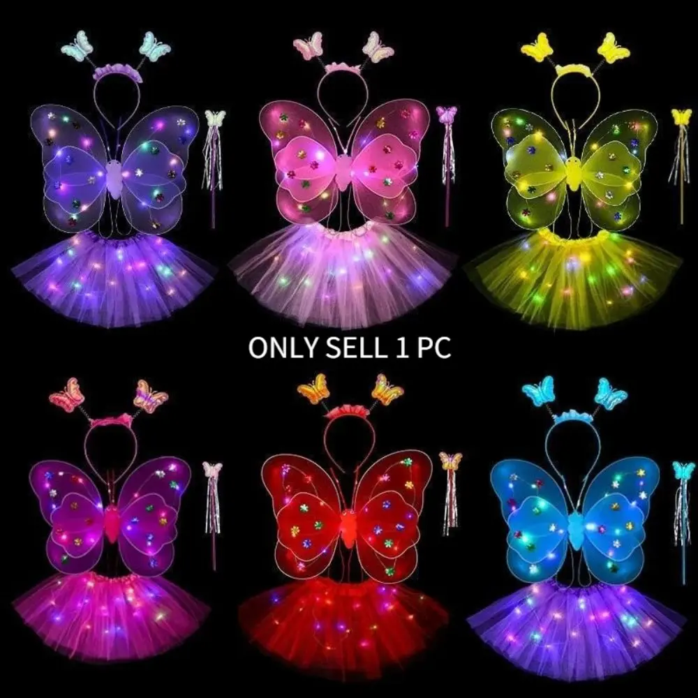4 pieces per set  Kids Glowing Butterfly Wings Set with Light Girls Butterfly Dress Headband Wand Party Costume Children Fairy Props Christmas Photography Clothes Props Party Costume Accessories