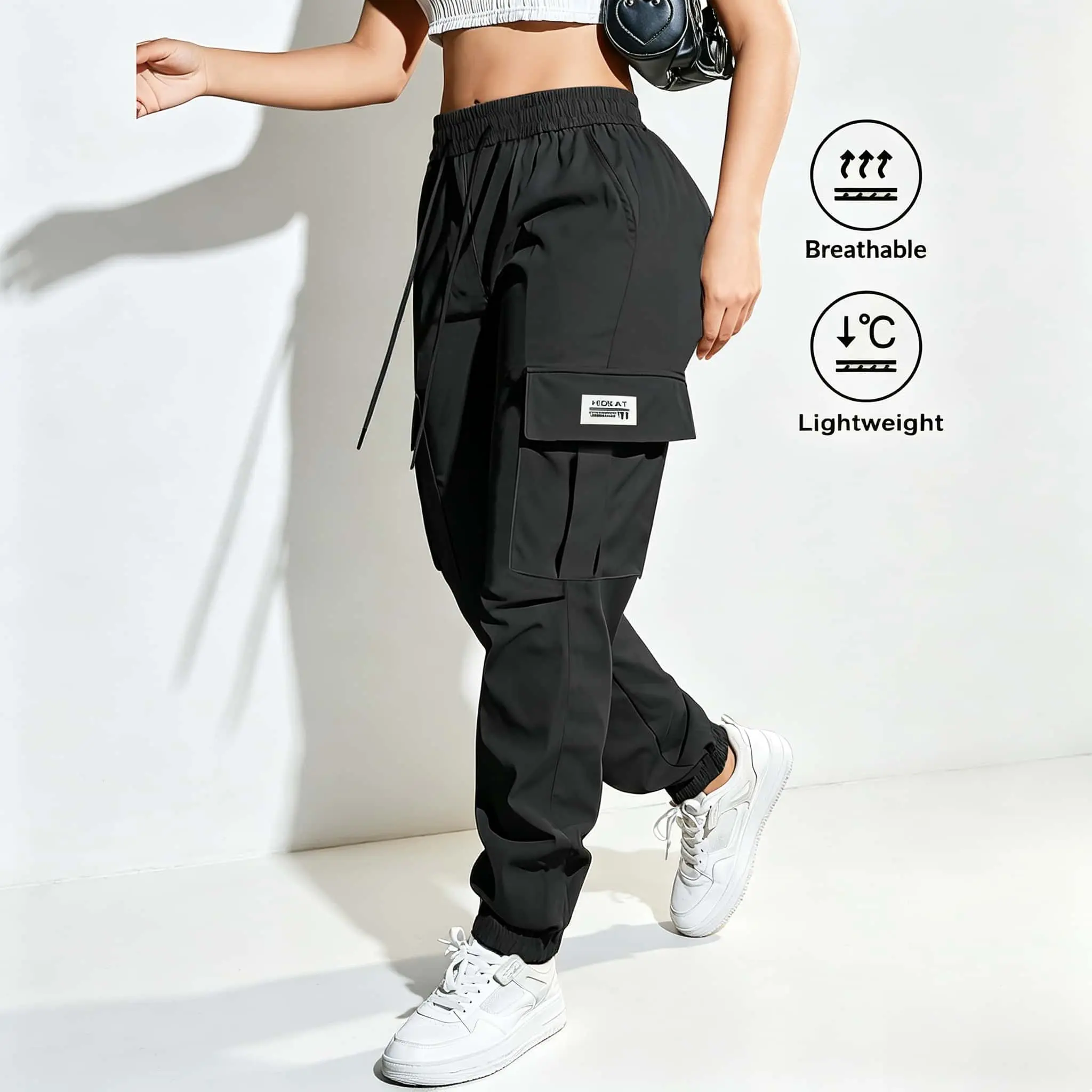 Women's Solid Color Casual Cargo Joggers - Adjustable Drawstring Waist, Multiple Large Functional Pockets, Ideal for Streetwear, Workout, Daily Wear