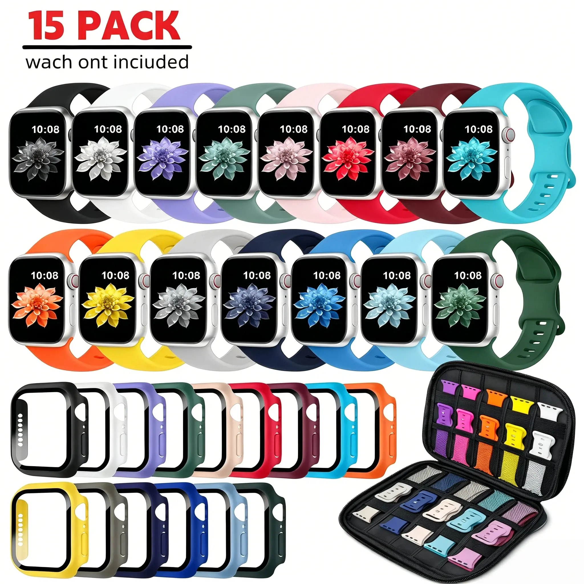 15 pack Sport Bands with 15 Screen Protector Cases, Silicone Sport Bands, Compatible with S11/s10/s9/s8/s7/s6/s5/s4/se, Unisex, Portable Storage, Wearable Tech Accessories, Smart Watch Accessories, Smartwatch Compatible Bands(Watch not included)