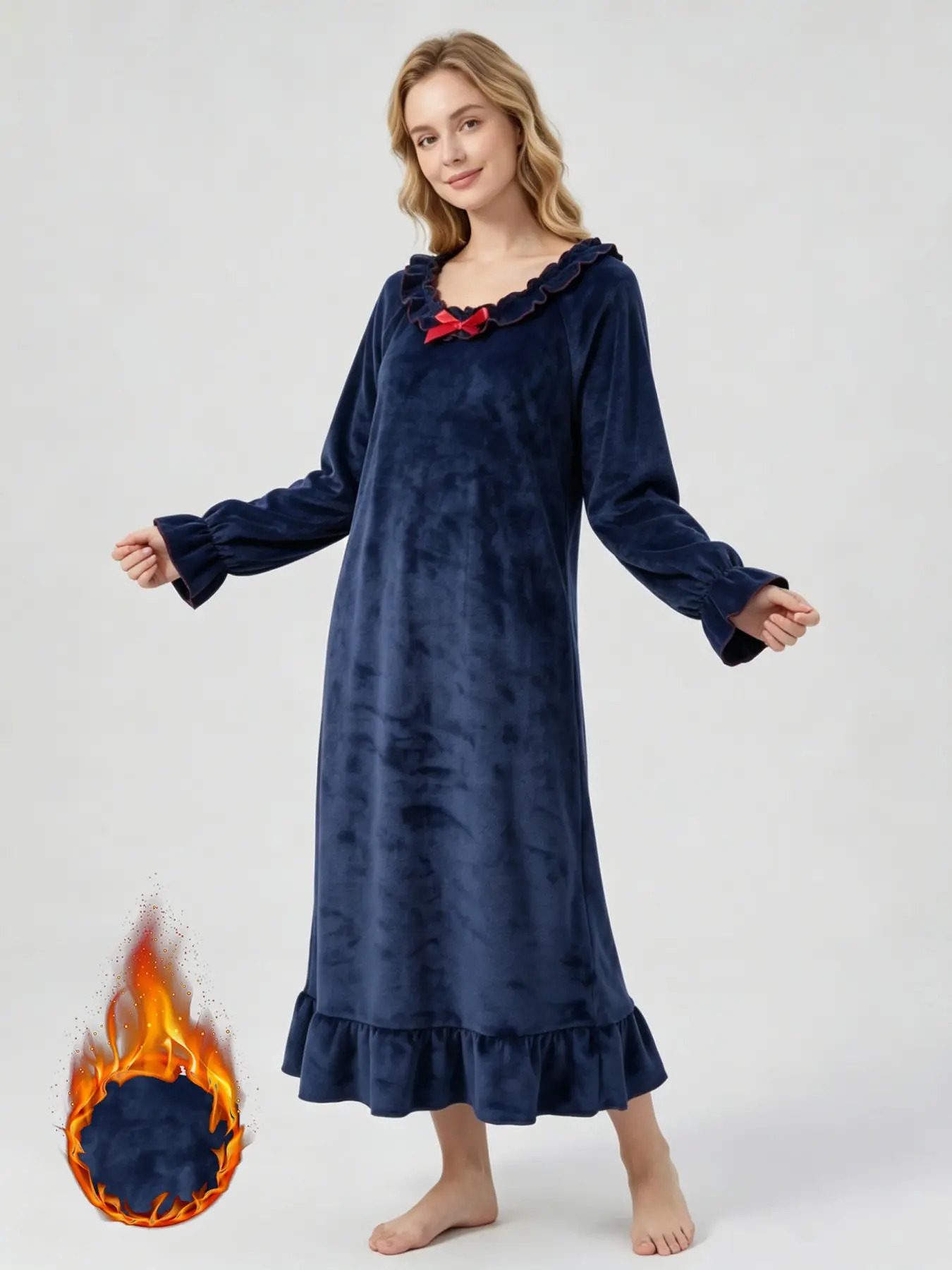 Women's Vintage Elegant Fuzzy Nightgown, Ruffle Bow Decor, Loose Long Sleeve Cozy Home Dress, Fall Winter Outerwear