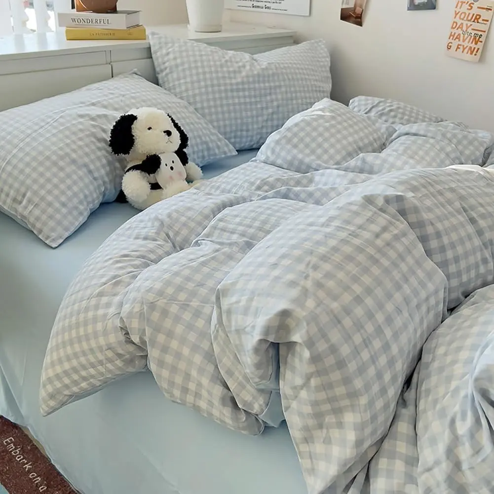 Queen Size 3-Piece Gingham Checkered Duvet Cover Set, Reversible Blue Washed Microfiber Washed Fabric, Soft Breathable All-Season Bedding for Girls' Dorms, 3 Pieces