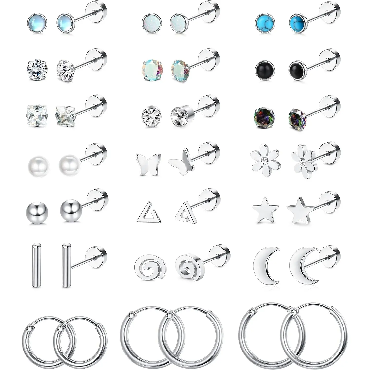 ORAIZO 21Pairs Surgical Steel Flat Back Earrings Hypoallergenic 20G Screw Back Nap Stack Cartilage Earring Stacks