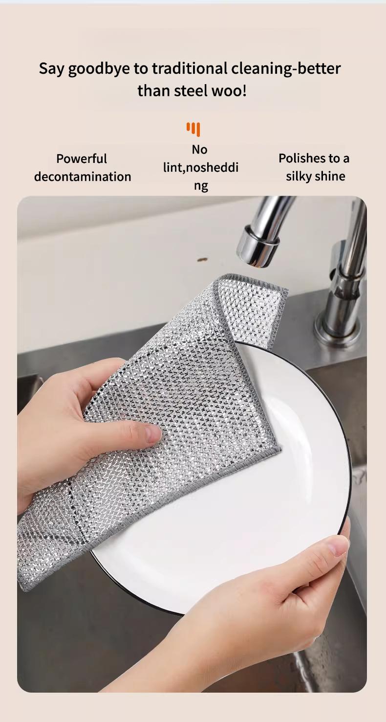 Thickened Dual-Layer Silver Wire Scrubber, Double-Sided Strong Cleaning, Oil-Resistant & Easy to Rinse, Kitchen Dishwashing Cloth