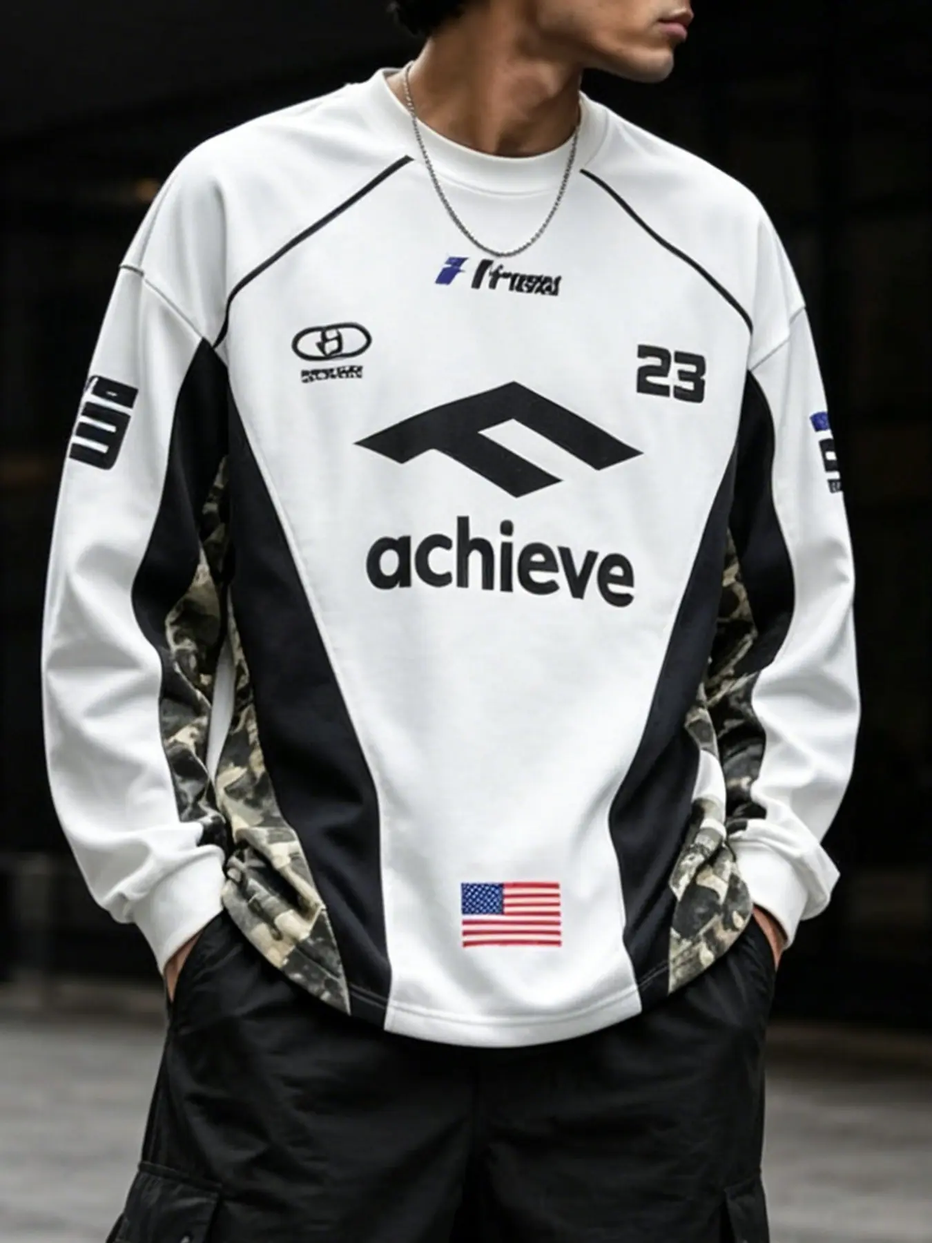 Camo Patchwork Long Sleeve T-Shirt, Number 23 Usa Flag Print, Loose Fit Sporty Streetwear, Ideal for Motorcycle Enthusiasts