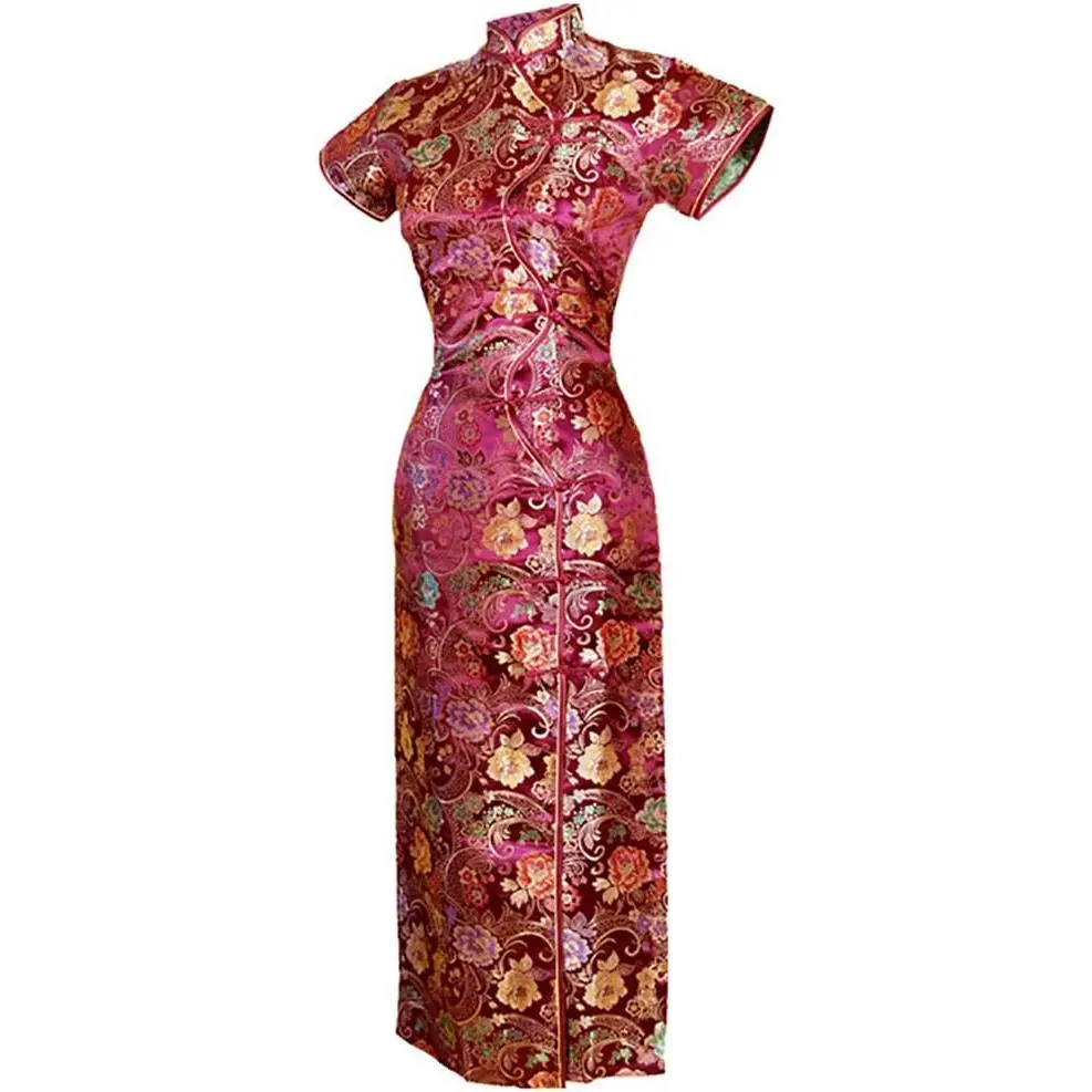 Women's VTG Burgundy Ten Buttons Long Chinese Dress Cheongsam