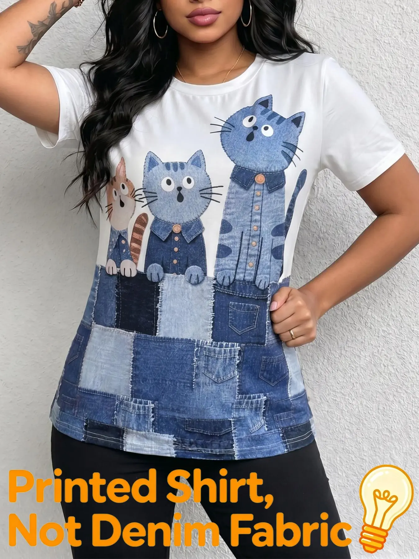 Women's Faux Denim Print Patchwork T-Shirt, Breathable & Stretchy