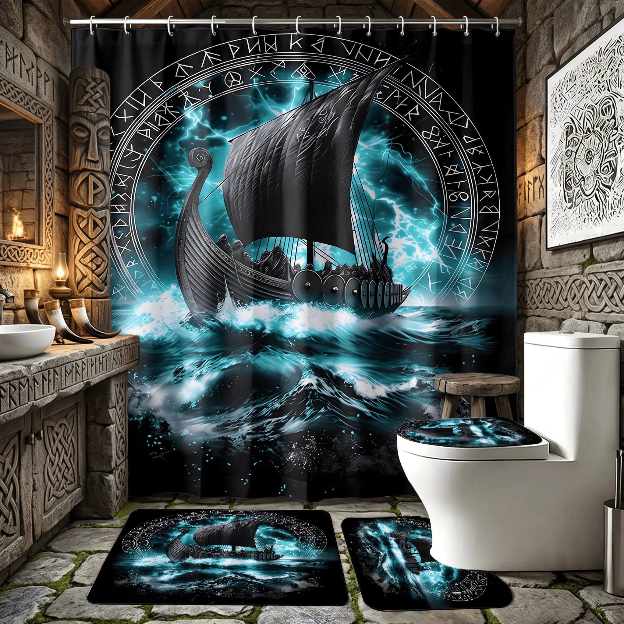 4pcs Norse Mythology Viking Ship Bathroom Set, Mystic Shower Curtain Set With Rugs, The floor mat fabric is thicker and softer! for Apartment Gothic Fantasy Holiday Home Decor