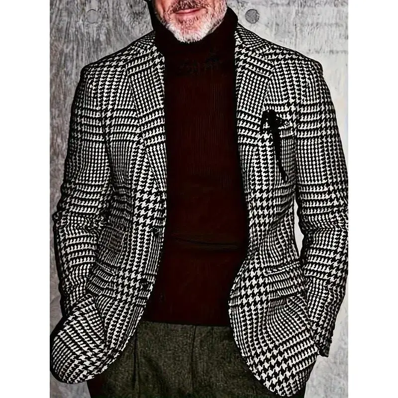 Women's Classic Houndstooth Blazer - Long Sleeve Lapel Collar Suit Jacket, Woven Polyester Fabric for Formal Wear, Longsleeves, Formal Attire, Classic Office Wear