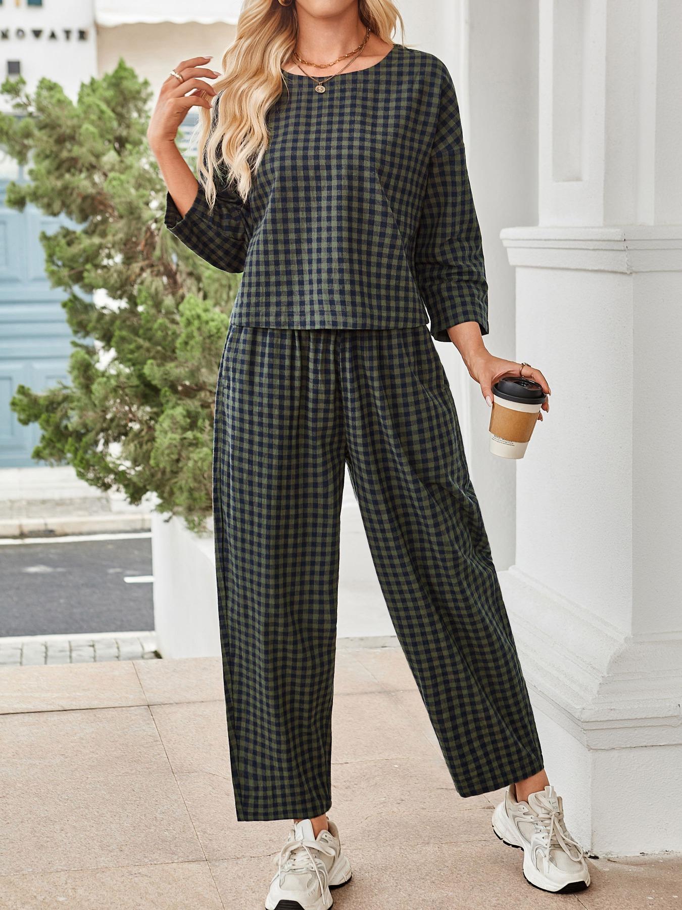 Women's Fall Casual Plaid Print Woven Set, Loose Fit Long Sleeve Top & Elastic Waist Wide Leg Pants Two-Piece for Home Wear, Clothes