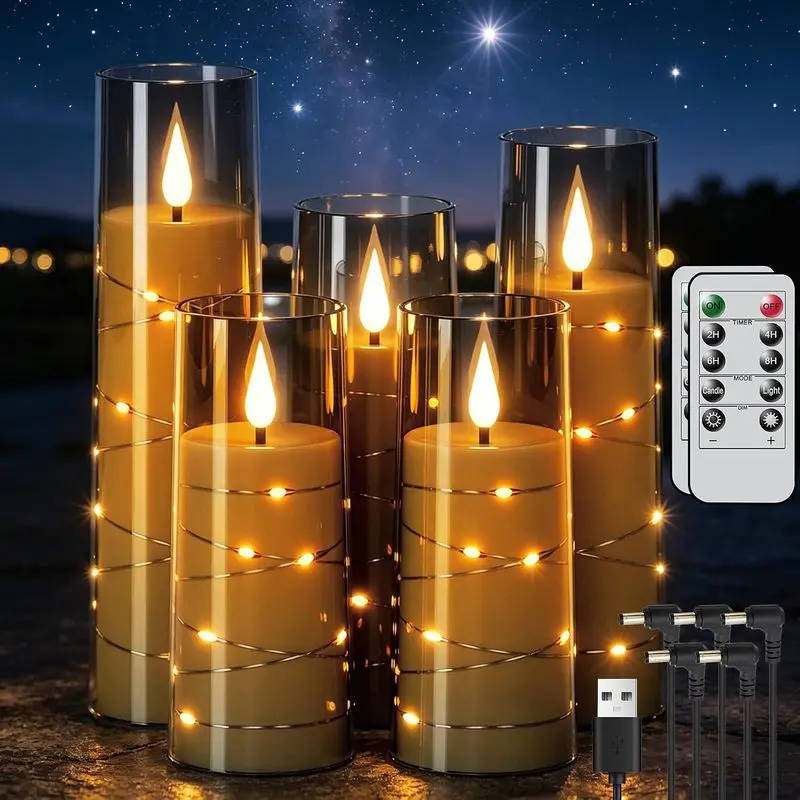 Rechargeable Flameless Candles String Lights Battery Operated Remote Black |   USB , LED Flickering Candles, Dinner Christmas Holiday Decor, Plastic Glass Pillar Candle, 2.3"D x 5", 6", 7", 8"H