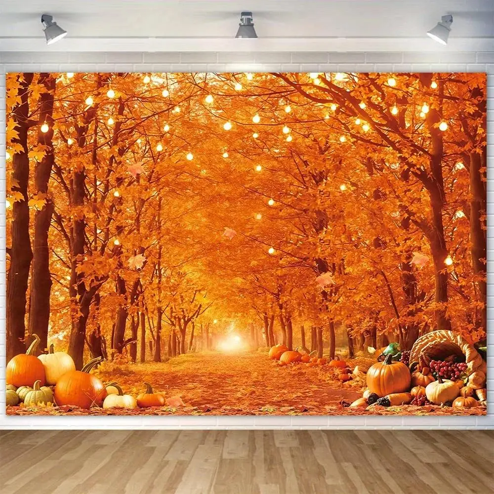 Pumpkin Shop Fall Photo Backdrop Autumn Maple Leaves Harvest Farm Scenery Background for Portrait Photoshoot Thanksgiving Party Decor