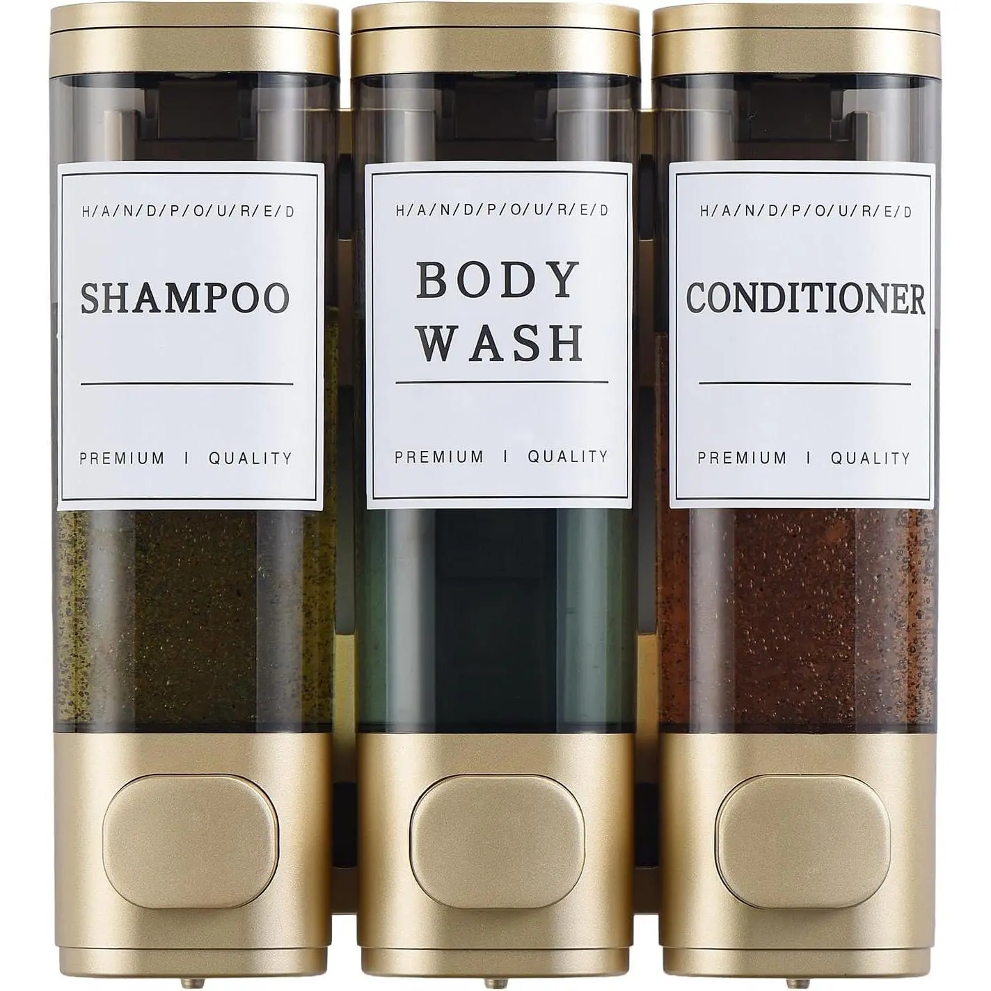 3-Chamber No-Drill Wall-Mounted Shampoo, Conditioner & Soap Dispenser - 1050ML High Capacity, Leak-Proof Pumps for Thick Liquids, Suitable for Bathroom, Hotel & Kitchen, Gold, Smooth