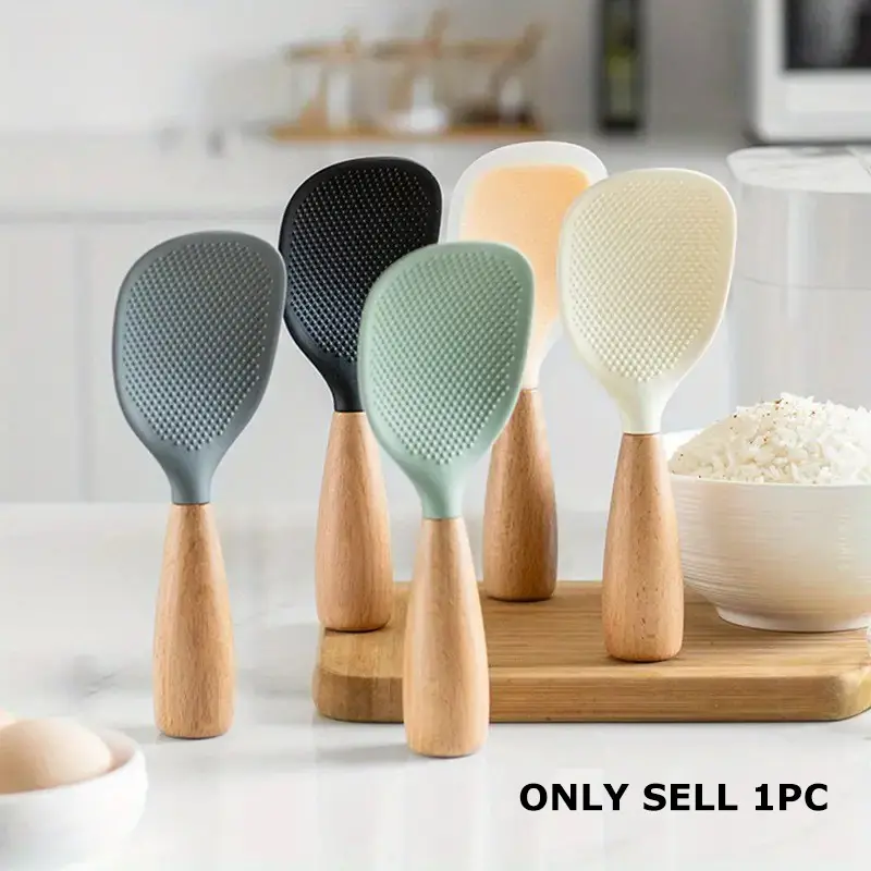 Silicone Spoon with Wooden Handle, 1 Count Heat-Insulation & Heat-Resistant Multifunctional Spatula Spoon for Rice Cooker, Kitchen Tool for Home & Restaurant, Home Kitchen Use, Kitchen Utensils, Kitchen Tools and Gadgets