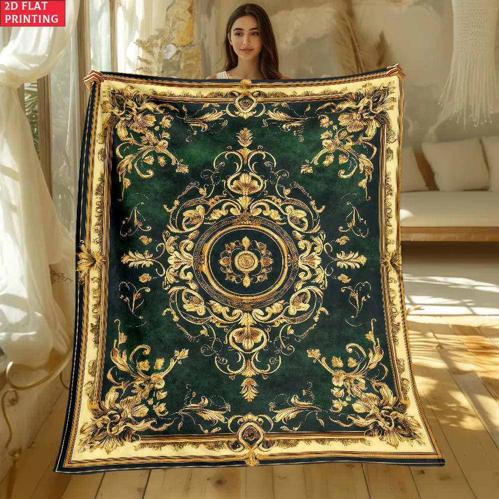 1pc Luxury Ornate Green & Golden Flannel Blanket - Ultra-Soft Lightweight Bedspread Suitable for Sofas, Beds, Travel, Camping | Multicolor Bedding with Geometric Patterns, - Warmth for Home, Office, Chairs (No Revision Request), 2D Flat