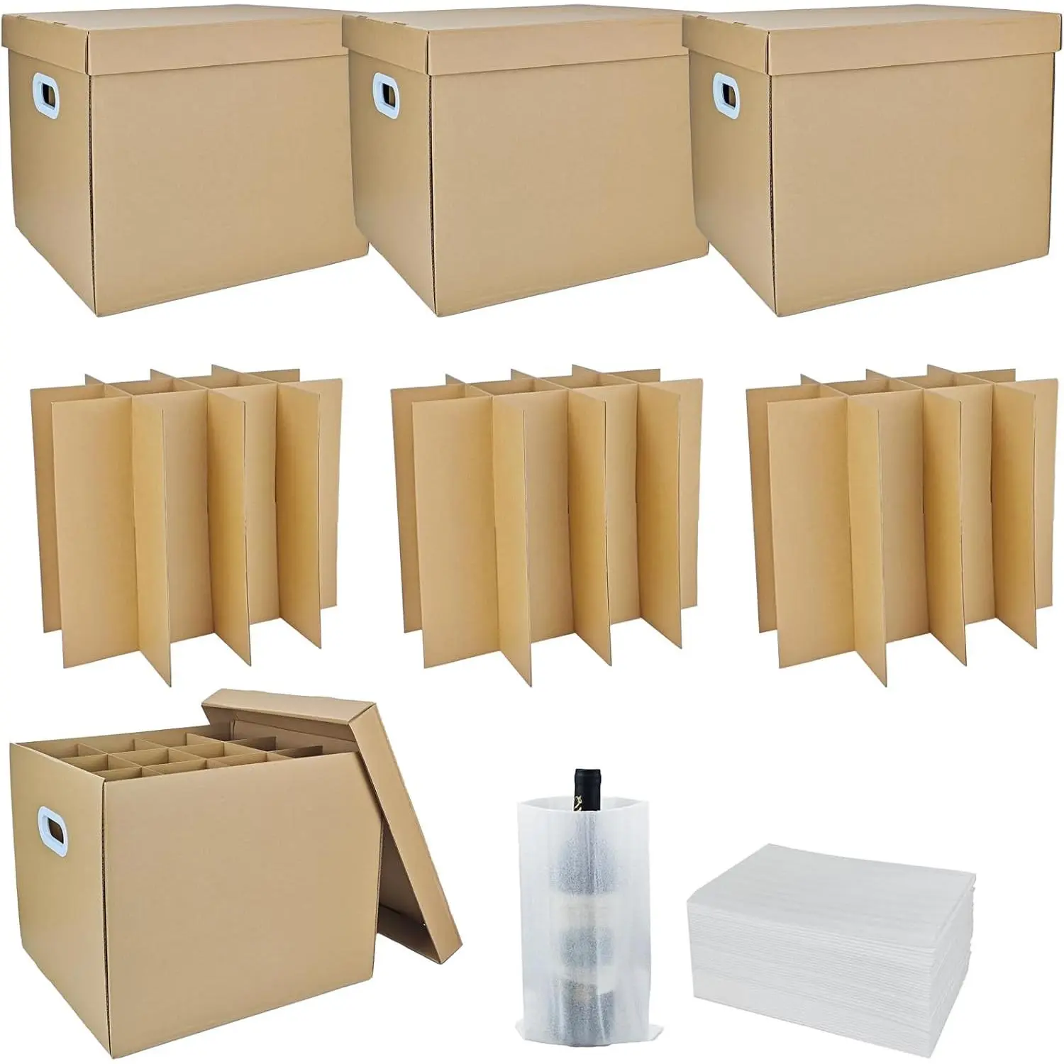 3 Sets Moving Boxes with Divider Kits, 16 x 13 x 13 Inch Box with Lid for Glassware  Packing Kitchen Moving Box Corrugate Dividers with 36 count  Pouches