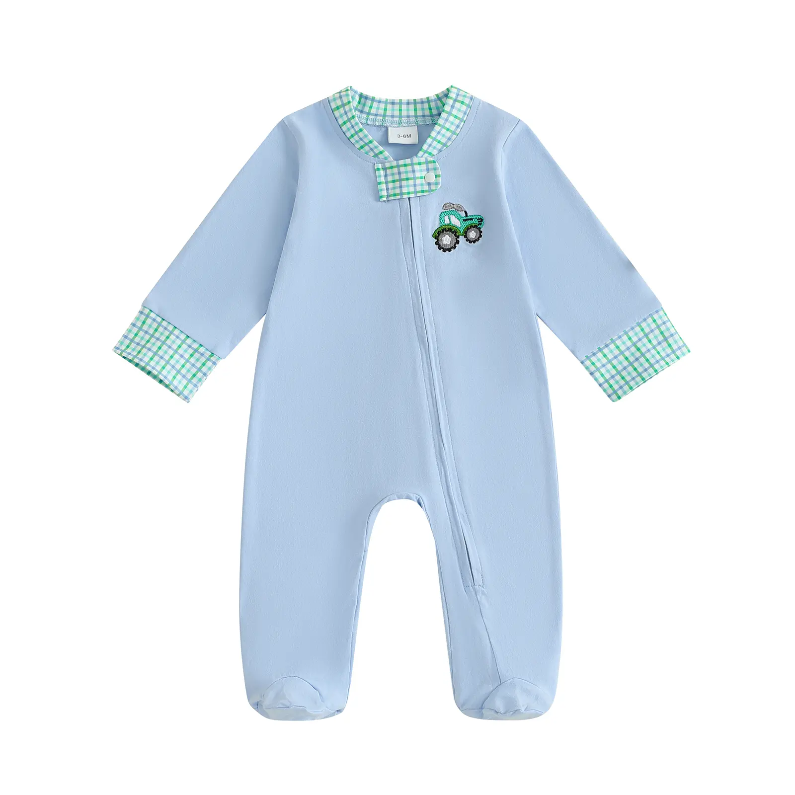 Newborn Baby Boy Girl Outfit Long Sleeve Zipper Footies Infant  Plaid Patch Romper Jumpsuit Fall Winter Clothes 0-12M