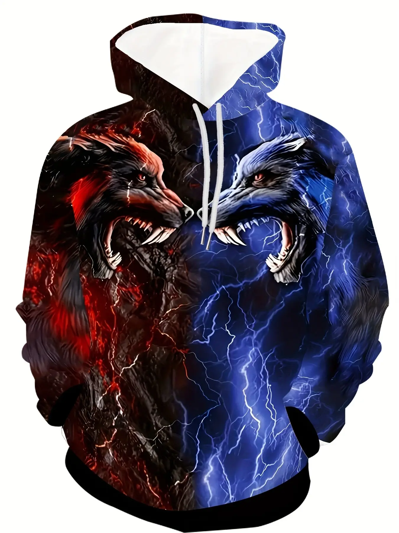 Men's 3D Wolf Head Hoodie - Comfortable stretch pullover with kangaroo pockets, ideal choice for autumn and winter
