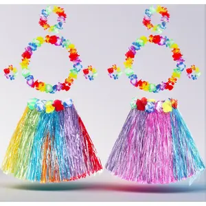 3 Sets Girl's Elastic Hawaiian Hula Dance Grass Skirt with Flower Costume Set for Luau Tropical Beach Party