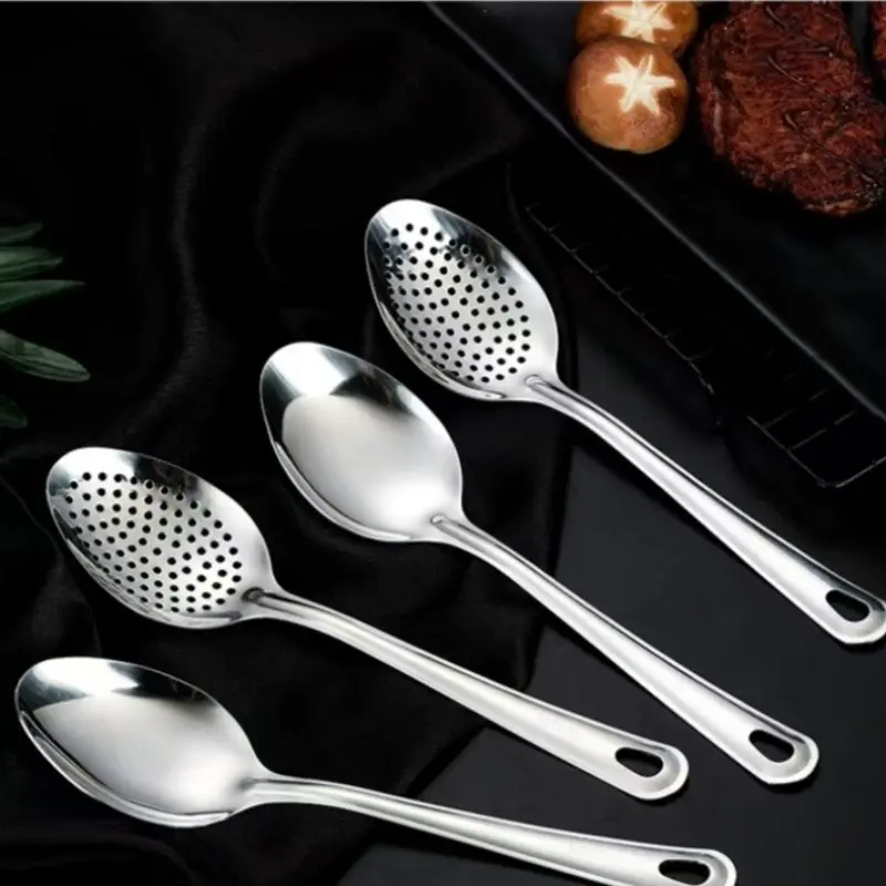 Stainless Steel Serving Spoon Set, Long Handle Ladle, Strainer Spoon, Home & Hotel Use, Self-Service Restaurant Utensils, Utensils Included