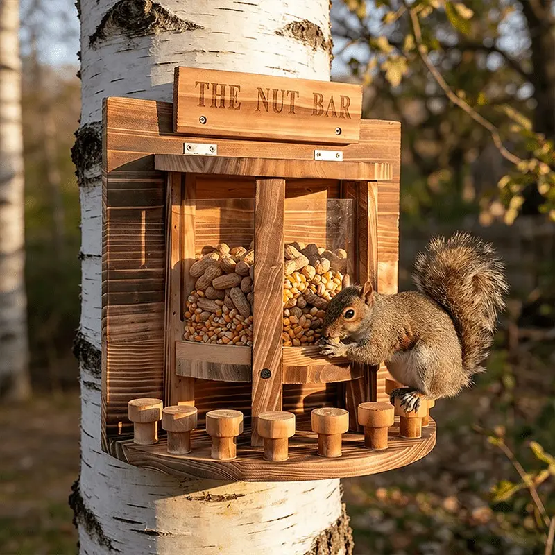 Wooden Hanging Squirrel Feeder Box, Cedar Wood Squirrel Food Container, Outdoor Pet Picnic Table, Large Capacity Nut Feeder