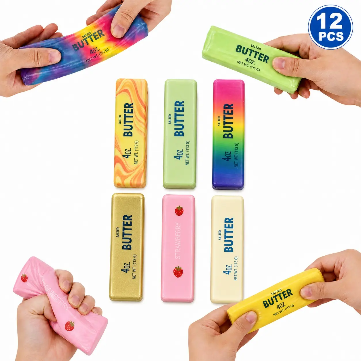 12-Pack Butter Scented Stress Relief Toys, Slow-Return Rubber Sticks, 6 Colors, Office & Desk Anxiety Relief, Fun Sensory Play, Squeeze Fidget