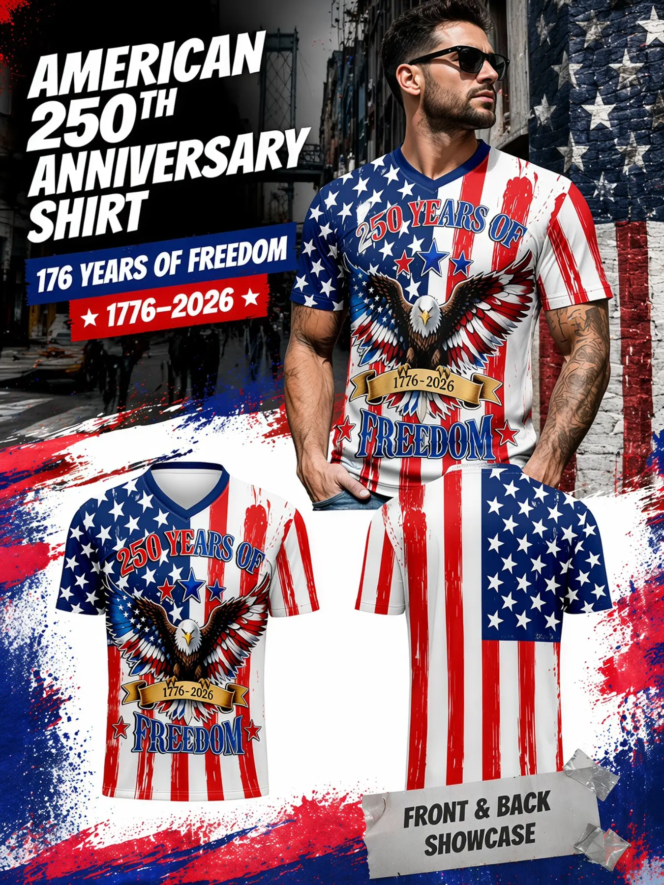 Vintage American Flag Texture T-Shirt, Bold Bald Eagle Design, 250 Years of Freedom Pattern, Slim-Fit All-Season Top