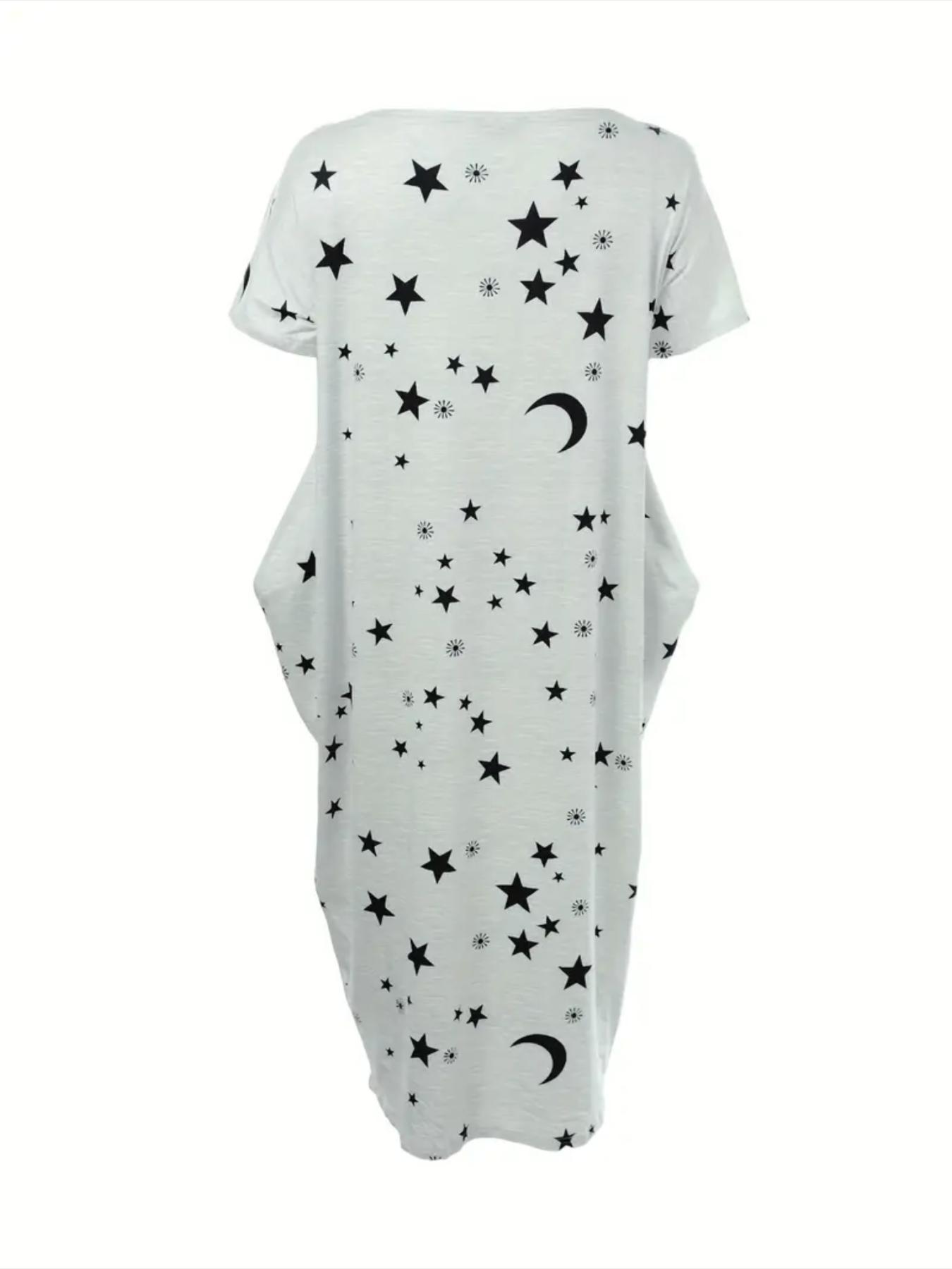 Women's Butterfly/Star Print Pocket Round Neck Nightdress, Casual Soft Comfortable Short Sleeve Nightgown for All Seasons, Lady's Sleepwear for Indoor Wear, Sleepwear Dresses