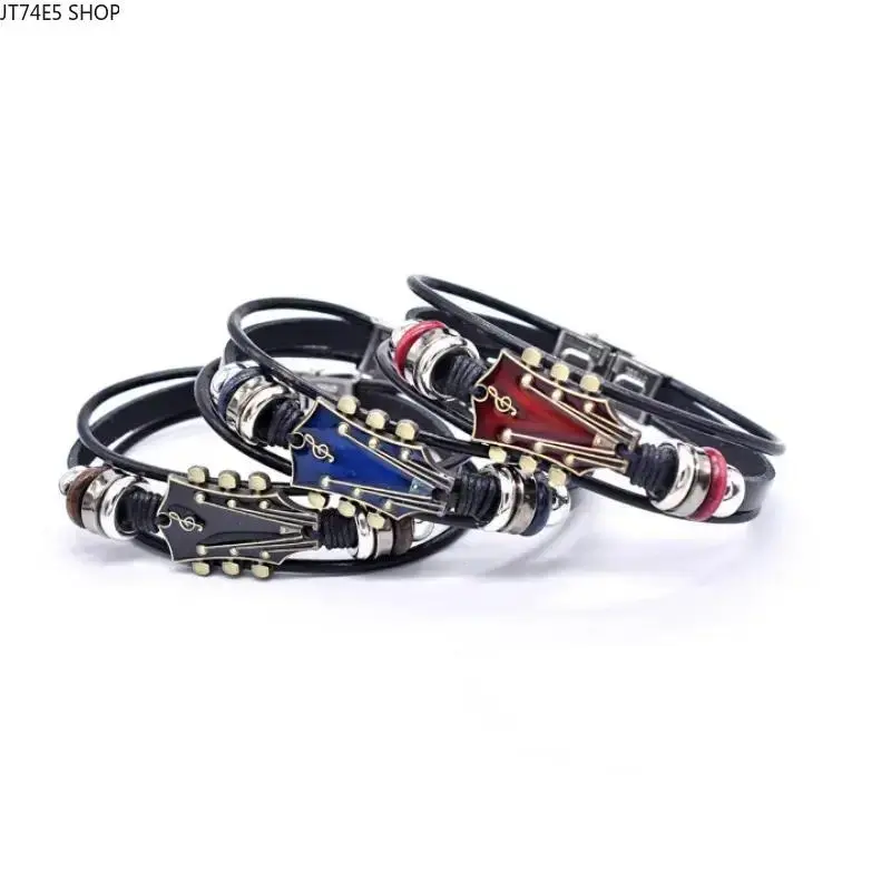 Vintage Guitar Leather Bracelet - Wrist Band with Leather Strap, Classic Guitars Design, Comfortable Fit Rock & Roll Accessory, Everyday Wear Fashion Jewelry Gift for Music Lovers, Female Size