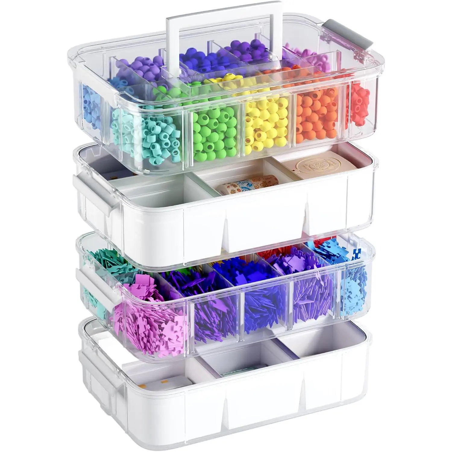Craft Storage Organizer, 4-Tier Box with 20 Dividers | 2 removable trays and a clear portable case for beads, sewing supplies, scrapbooking tools, and small craft items