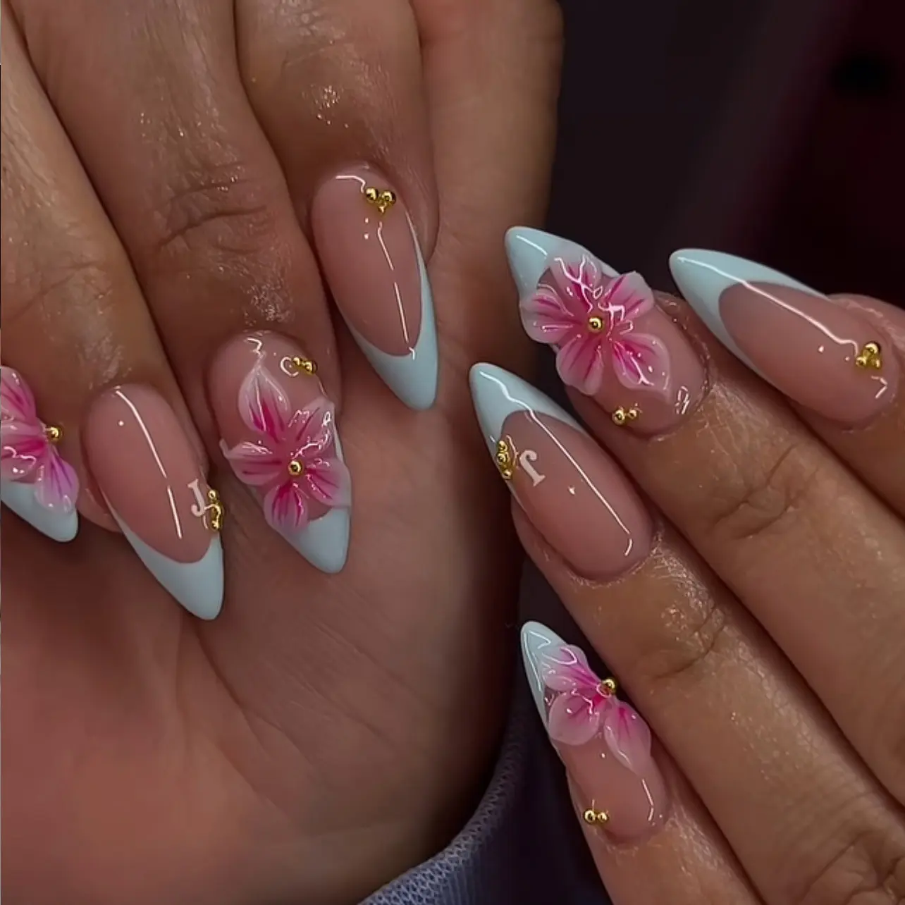 Press on Nails Cool Blue French Style 3D Cherry Blossom Gold Bead Ins Style Nail Stickers Reusable 24 Pieces