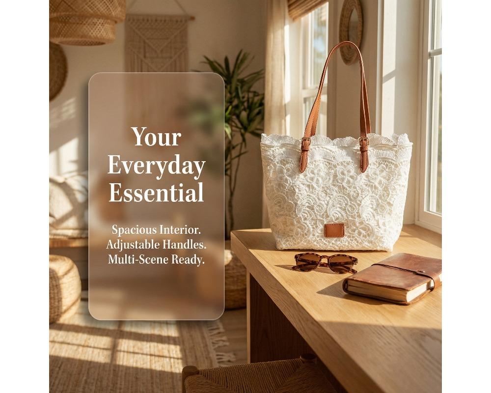 Women’s French Lace Hollow Tote Bag Large Capacity Shoulder Purse Adjustable Leather Straps Minimalist Floral Aesthetic Handbag Available in Versatile Summer Tote