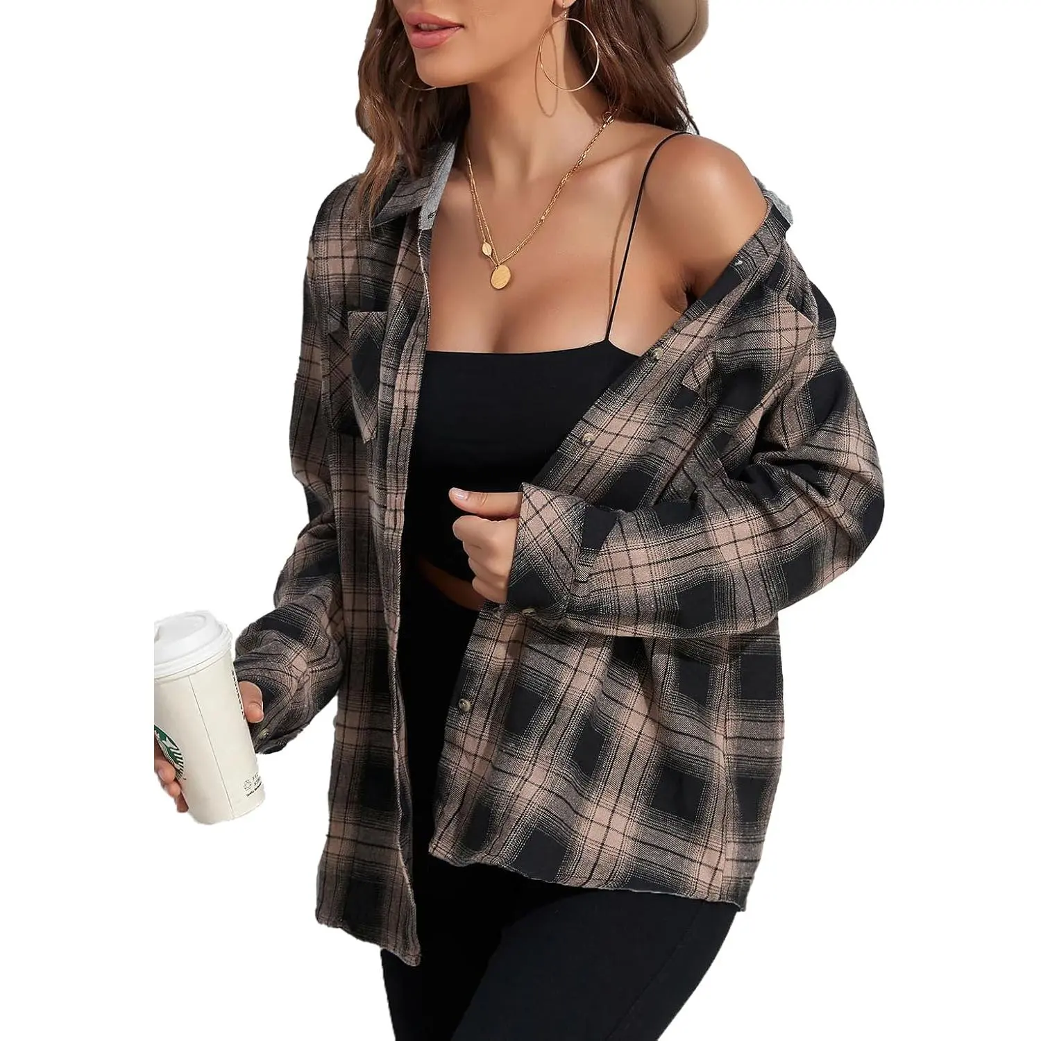 Women's Plaid V-Neck Long-Sleeve Flannel Blouse - Button-Front, Tunic Cut, Loose Boyfriend Fit, All Seasons Casual Shirts