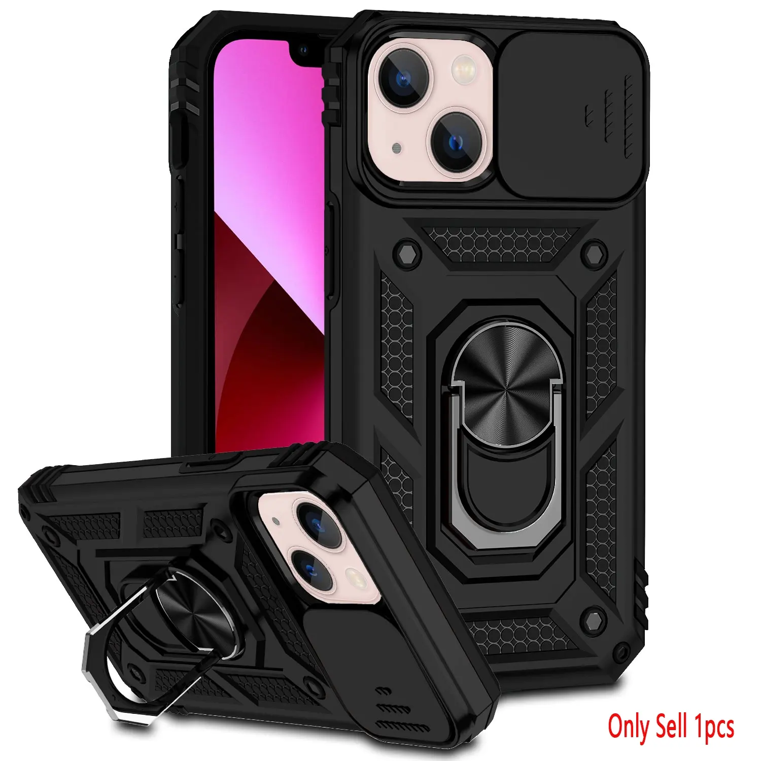 Case for iPhone 13 with Push-Pull Lens Cover, 360° Rotatable Ring Stand, Dual-Layer Thickened Shockproof Full Protection, Dust-Resistant for iPhone 13 Case