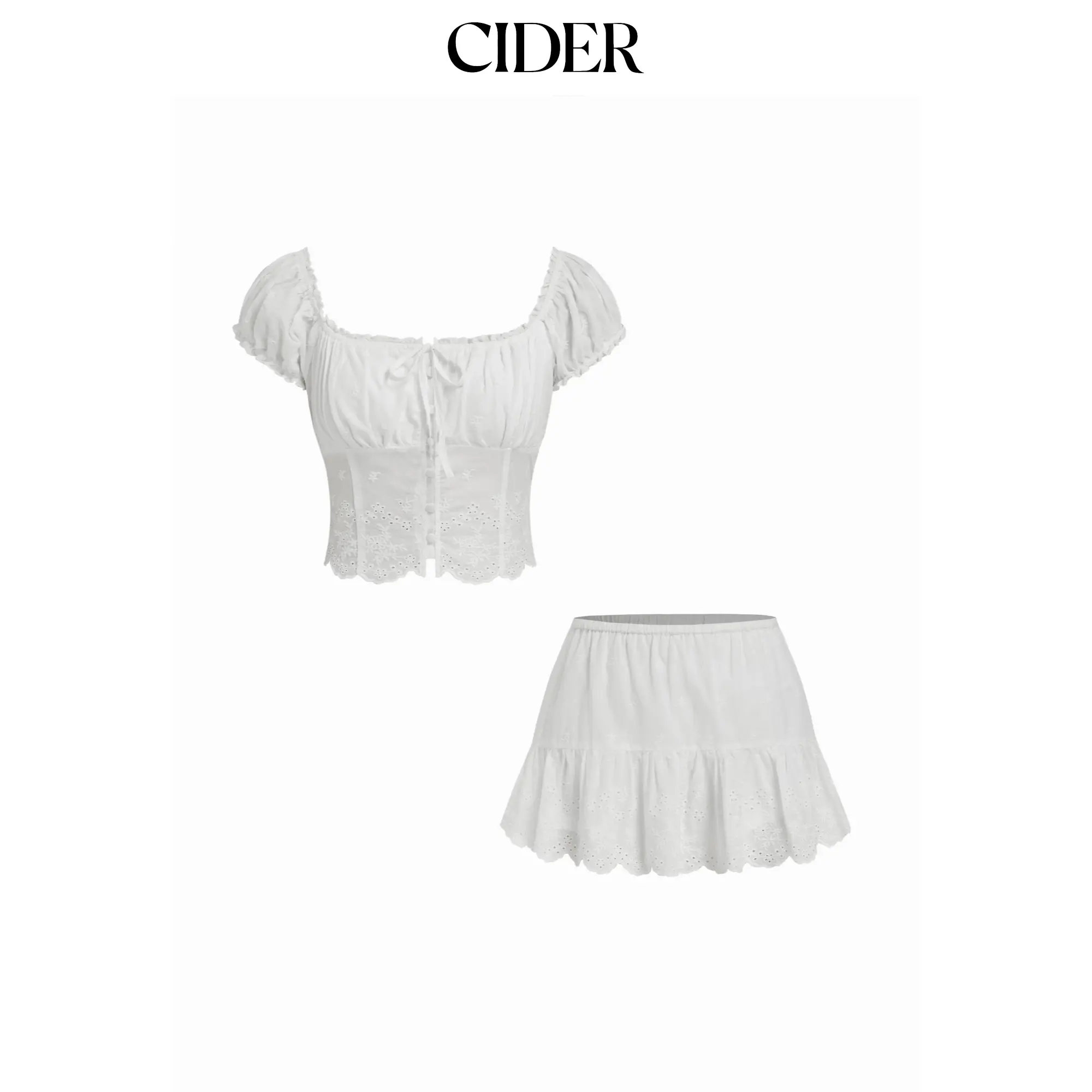 Cider Cotton-blend Broderie Anglaise Off-shoulder Top & Mid Rise Mini Skirt Set