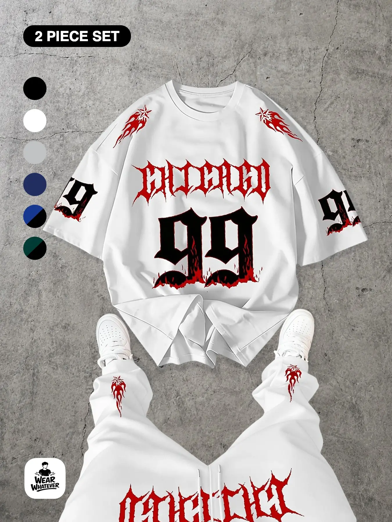 Streetwear Gothic Flame Print 「2-Piece Set」 Breathable Short Sleeve T-Shirt + Sporty Wide Leg Pants, Casual Unisex Fashion Clothes