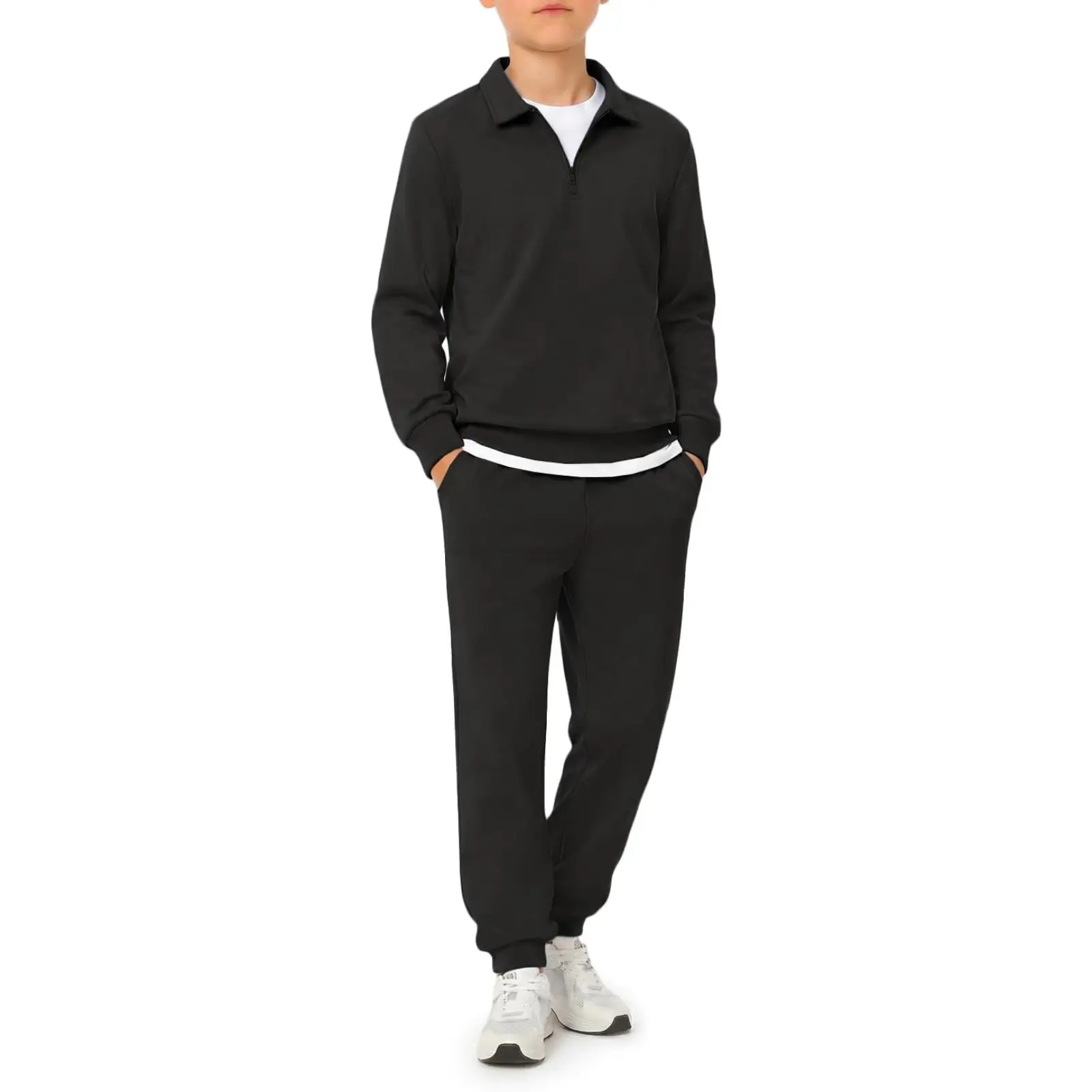 Haloumoning Boys 2 Piece Outfits Athletic Polo Shirts Joggers Sweatsuit Set | Kids Quarter Zip Polo Shirt and Elastic Waist Pants Clothing Sets 5-14Y, 1/4 Zip Top and Jogger Sweatpants Set Activewear