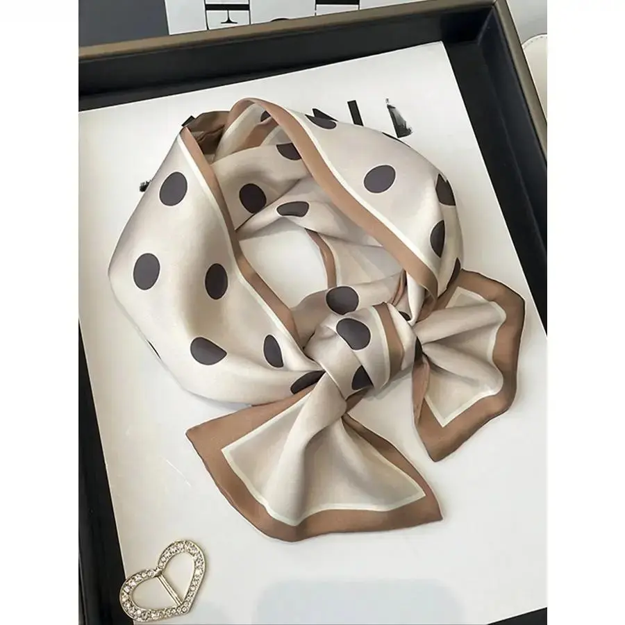 Women's Soft Satin Square Shape Multiuse Scarf, Vintage Polka Dot Bag Charm & Twilly, Hair Styling Accessory for Casual Wear, Neck Wrap
