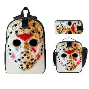 Friday the 13th Jason retro hockey mask three-piece school bag set in pure white, includes a backpack, insulated lunch bag, and pencil case, suitable for teenagers' daily school use