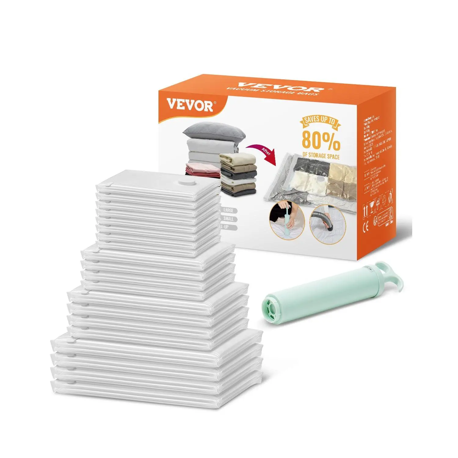 VEVOR 20-Pcs Vacuum Storage Space Saver Bags Organiser (4 Jumbo/4 Large/4 Medium/4 Small) with 4 Rolls, Manual Pump & Clips, Airtight Zipper Compression Bags for Wardrobe Bedding (11 Lbs), Clothes (3.2 Lbs) & Pillows