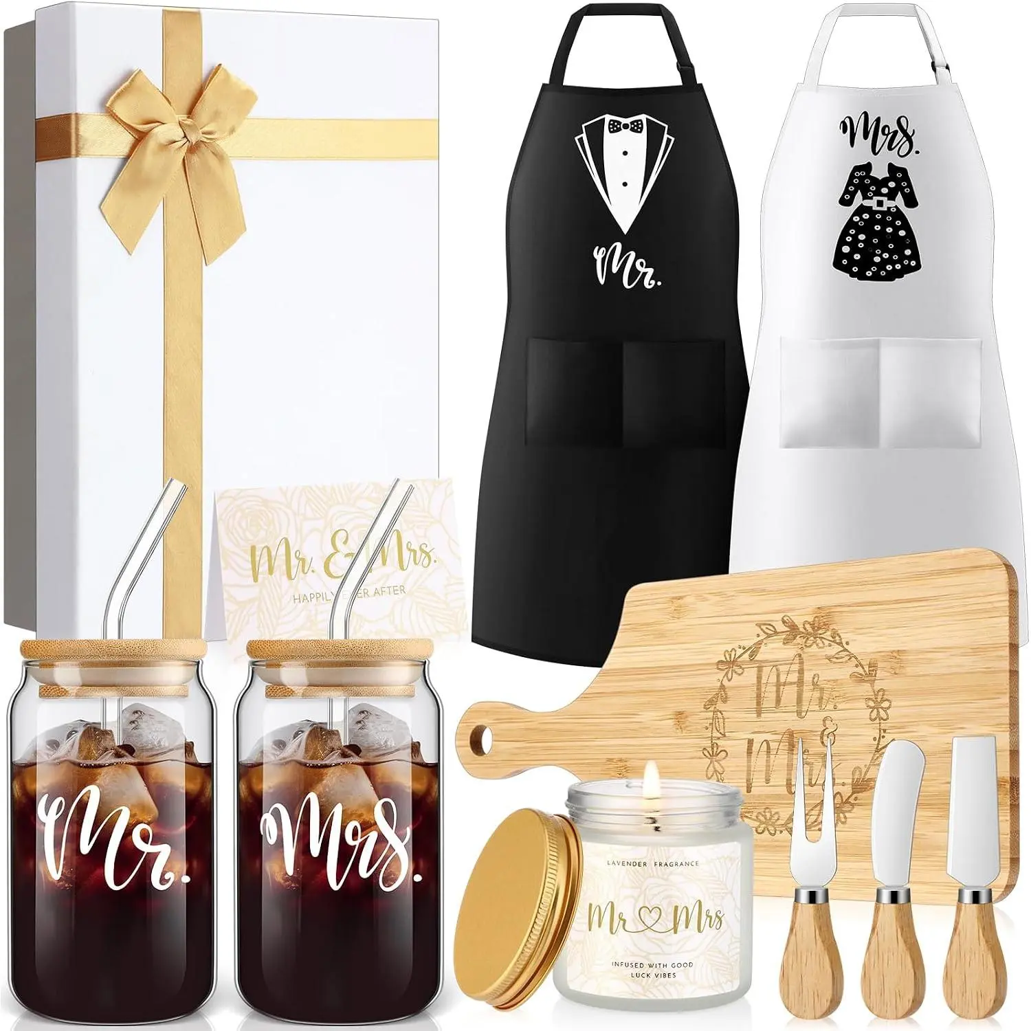 12 count Wedding Gifts for Couples Mr Mrs Glass Cups Aprons Charcuterie Board Candle Butter  Box for Newlywed Bridal Shower Engagement Anniversary His Her