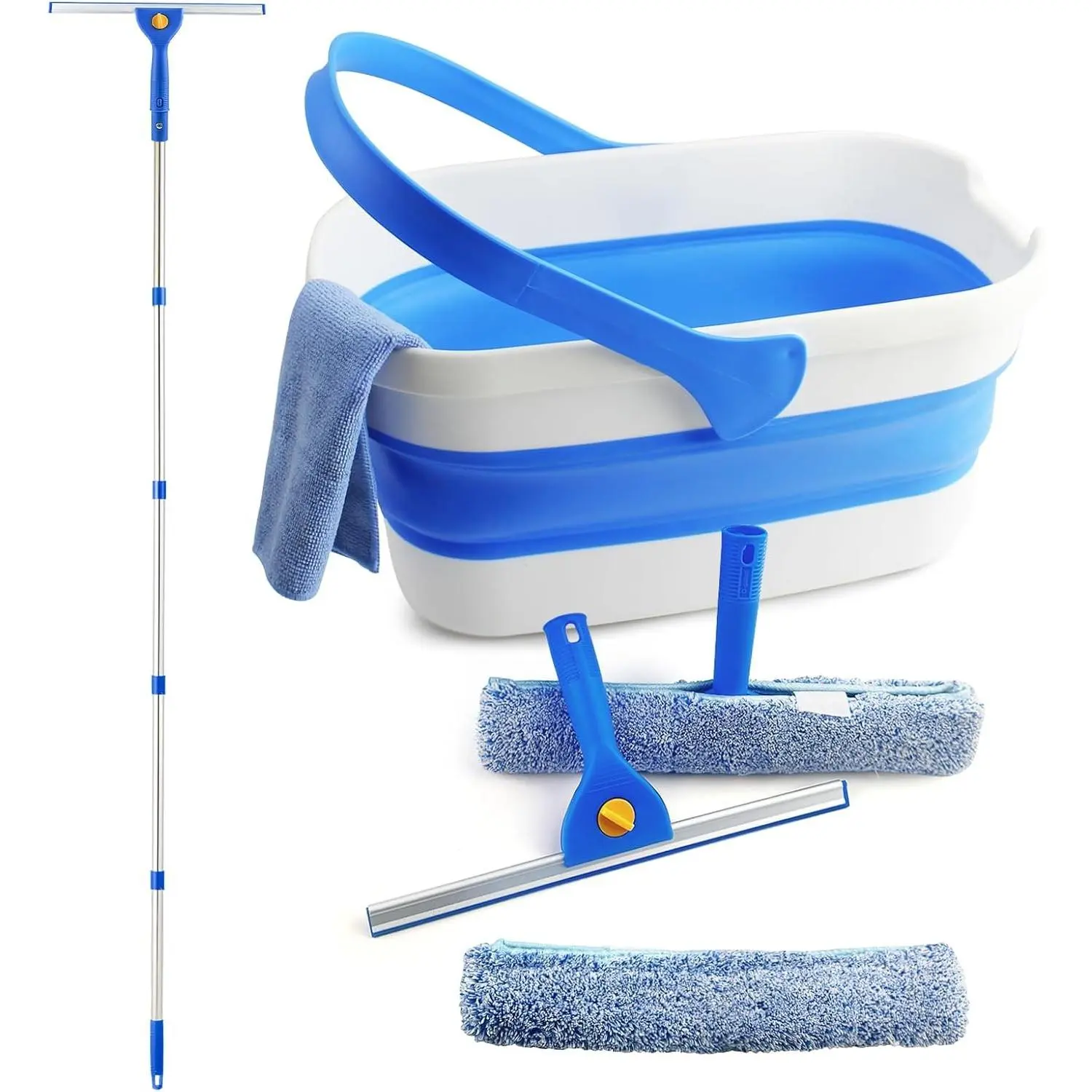 Window Cleaning Kit with Collapsible Bucket 3 Gallon, 14" Window Squeegee and 15" Scrubber with 61" Long Handle, Professional Window Washing Kit Cleaner Tool for Home Outdoor Office Commercial Use