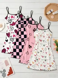 4-Pack Women's Strapless Nightdresses, Heart Print Sleepwear, Casual Fitted Home Wear, Spring Summer Essential, All-Over Print
