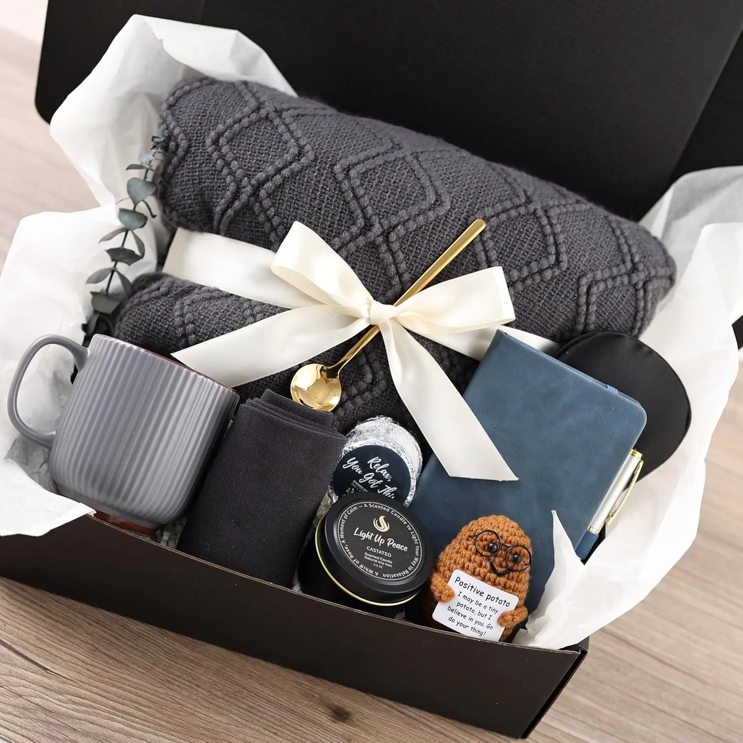 Get Well Soon Gift Baskets for Men&Women- Self Care Package/Brithday - After Surgery Recovery, Sympathy Gifts for Loss, Thinking of You/Grief/Bereavement/Miscarriage Gifts (Grey & Navy Blue)