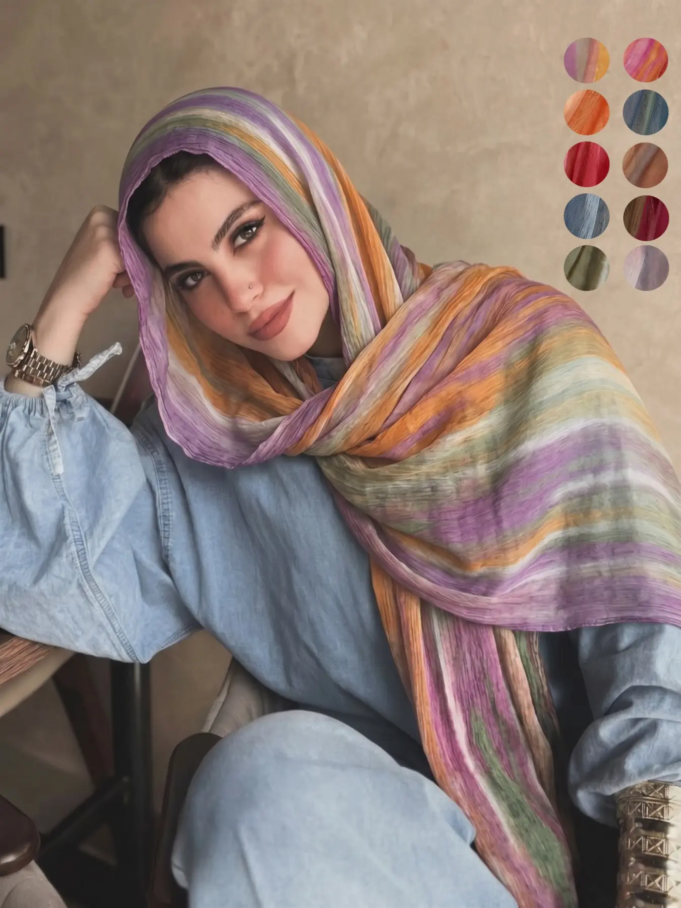 Fashion New Tie-Dye Print Muslim Headscarf Shawl, Natural Wrinkle Texture Scarf, Stylish Accessory for Women, Trendy Wraparound Design