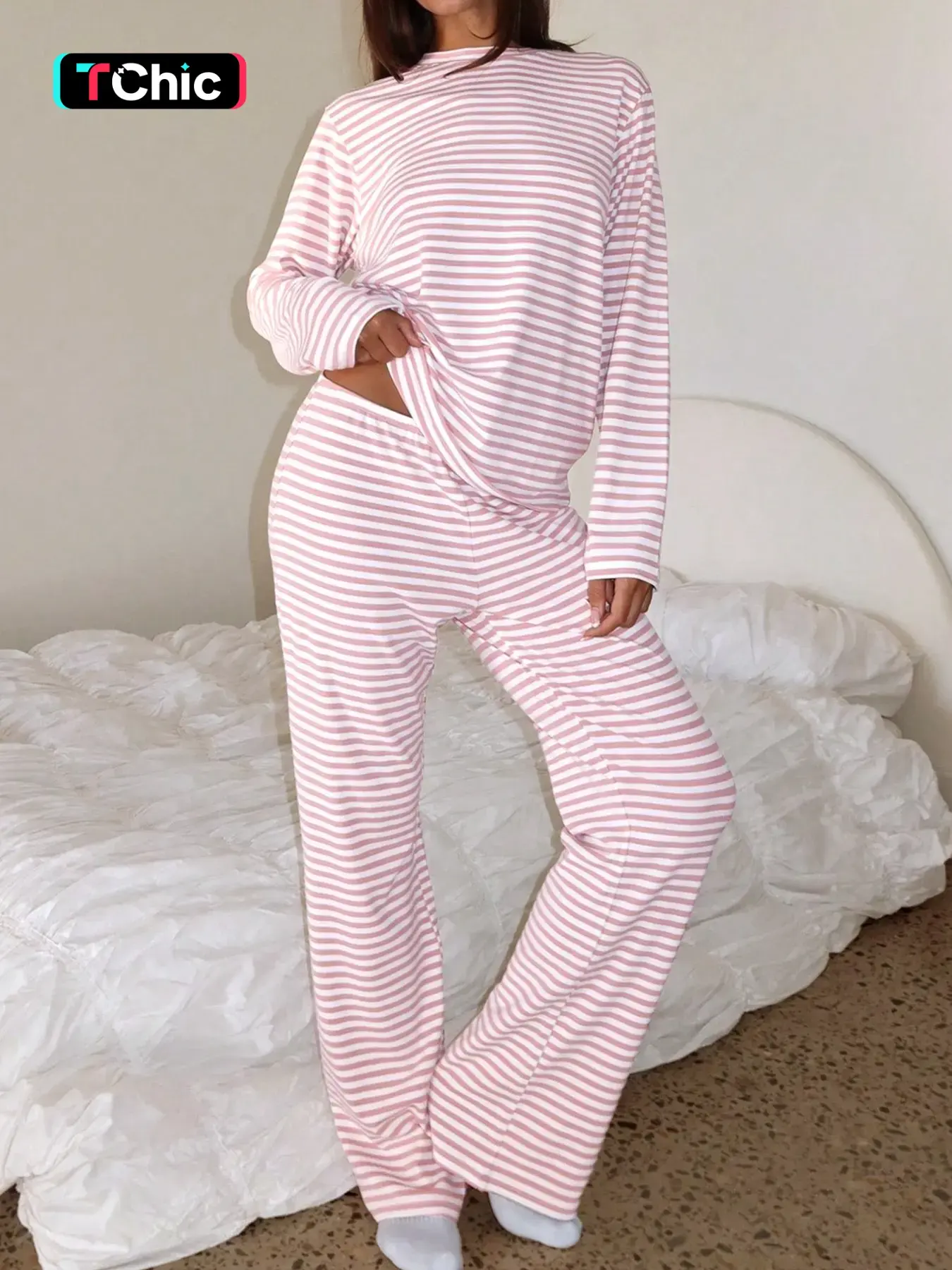 Pink Striped Long Sleeve Pajama Set Women Soft Loose Fit Loungewear Two Piece Sleepwear Crew Neck Top Wide Leg Pants Cozy Homewear Casual Comfy Matching Set Cute Lounge Outfit Fall Pajama Sets